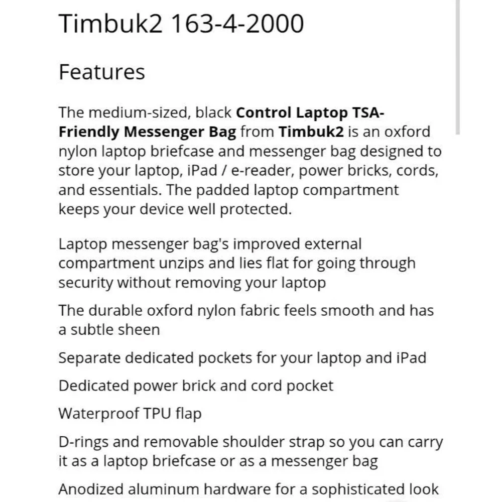 Timbuk2 Control Laptop Messenger Bag Medium Black TSA-Friendly 163-4-2000 EUC